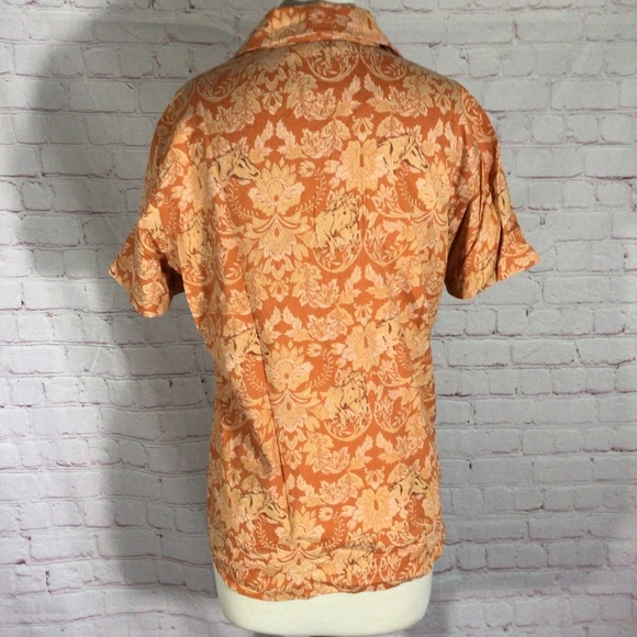 Bit & Bridle Orange Horse Print Button Down Short Sleeve Top - Size Large - Picture 4 of 6